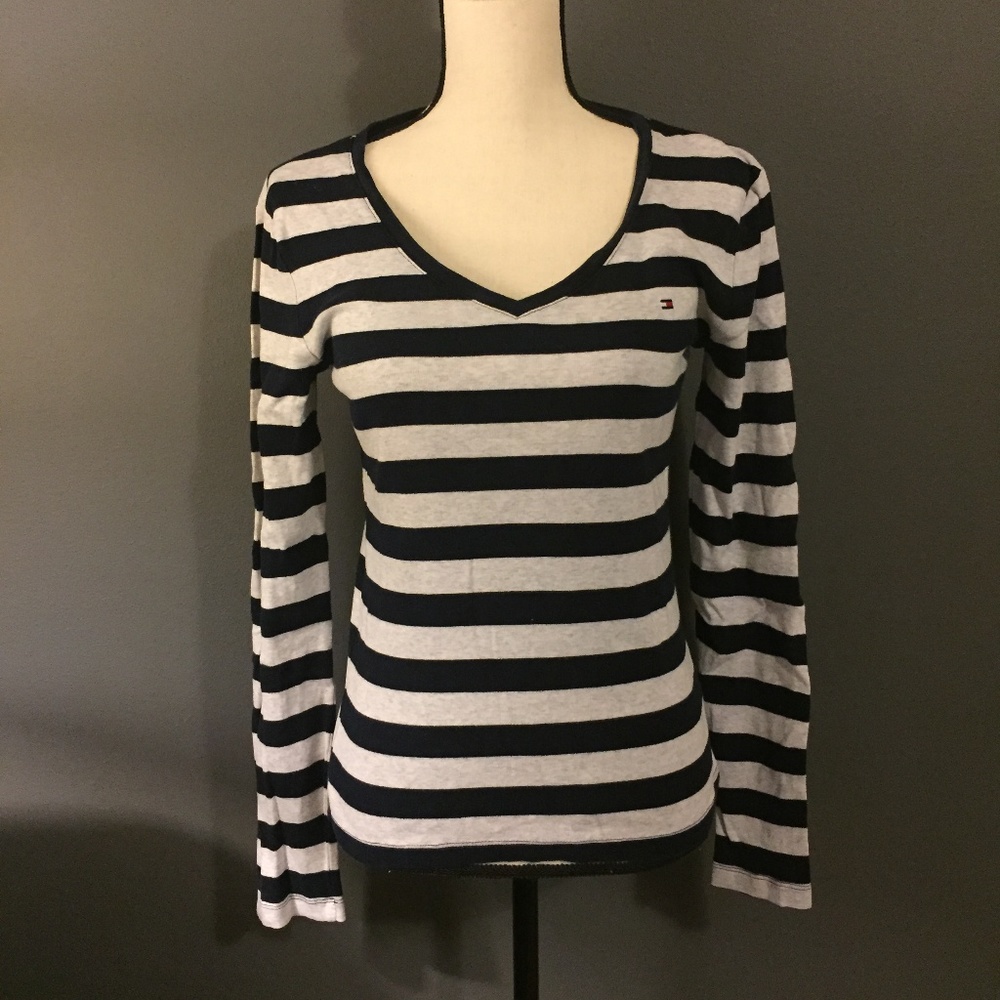 Tommy Hilfiger Navy V-Neck Striped Long Sleeve Top